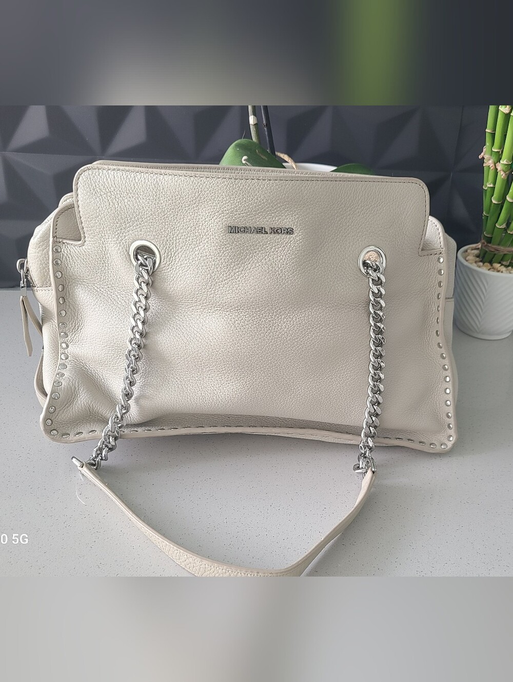 Michael Kors Pearl Cream Leather Shoulder Tote with Chain Strap